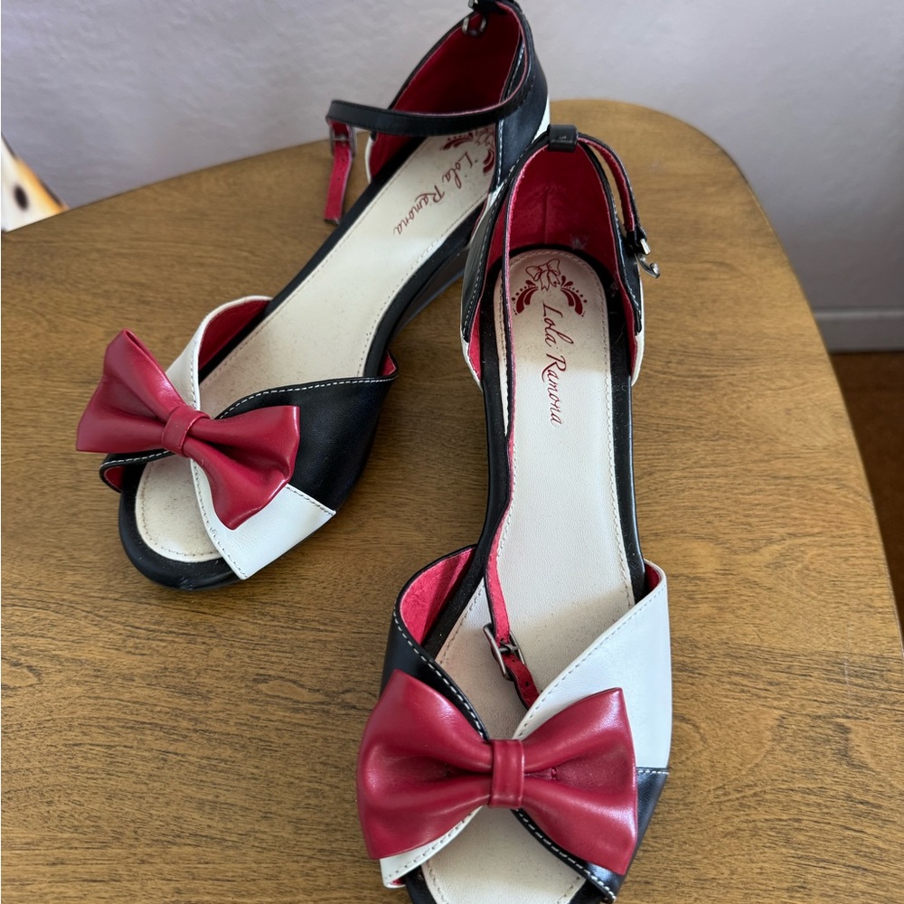 Lola Ramona Black and Ivory Peep Toe Wedges with Red Bow 38